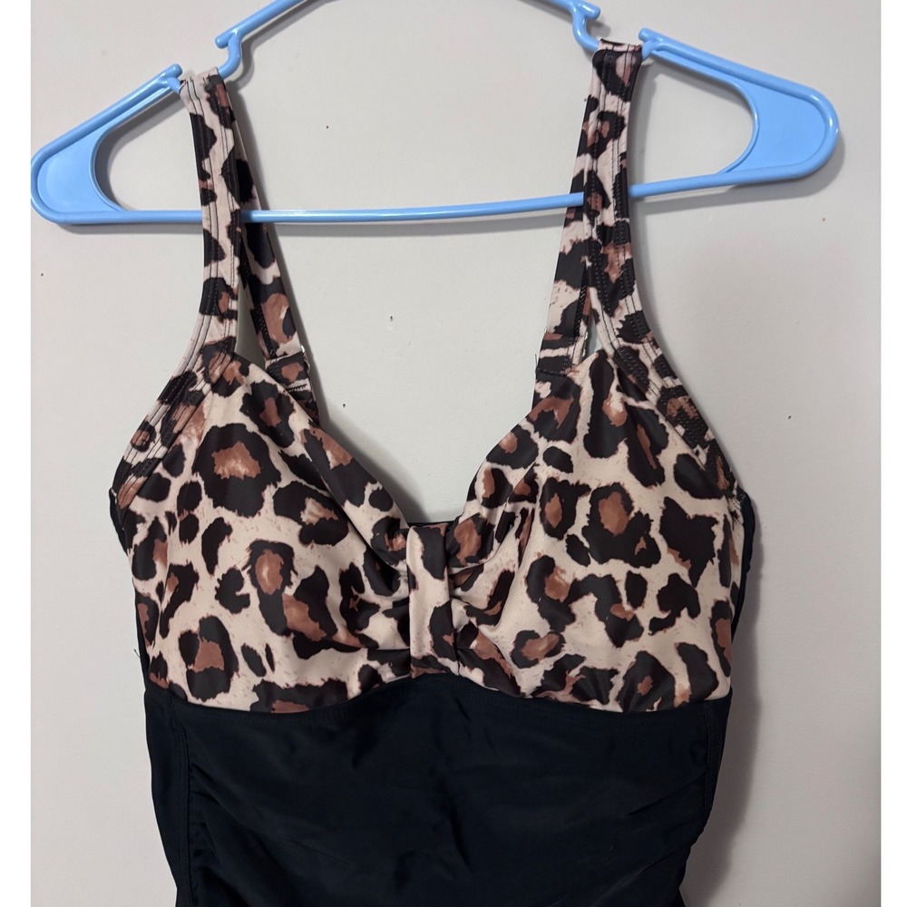 Tempt Me Womens Leopard Print Ruched One Piece Swimsuit Black Brown Medium NWT - Picture 2 of 6